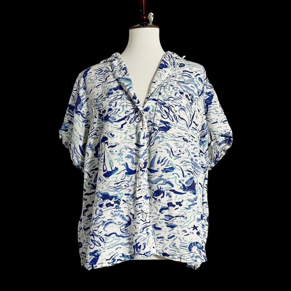 Maeve Anthropologie Women's Button Down Top Nautical Blue White Size‎ M